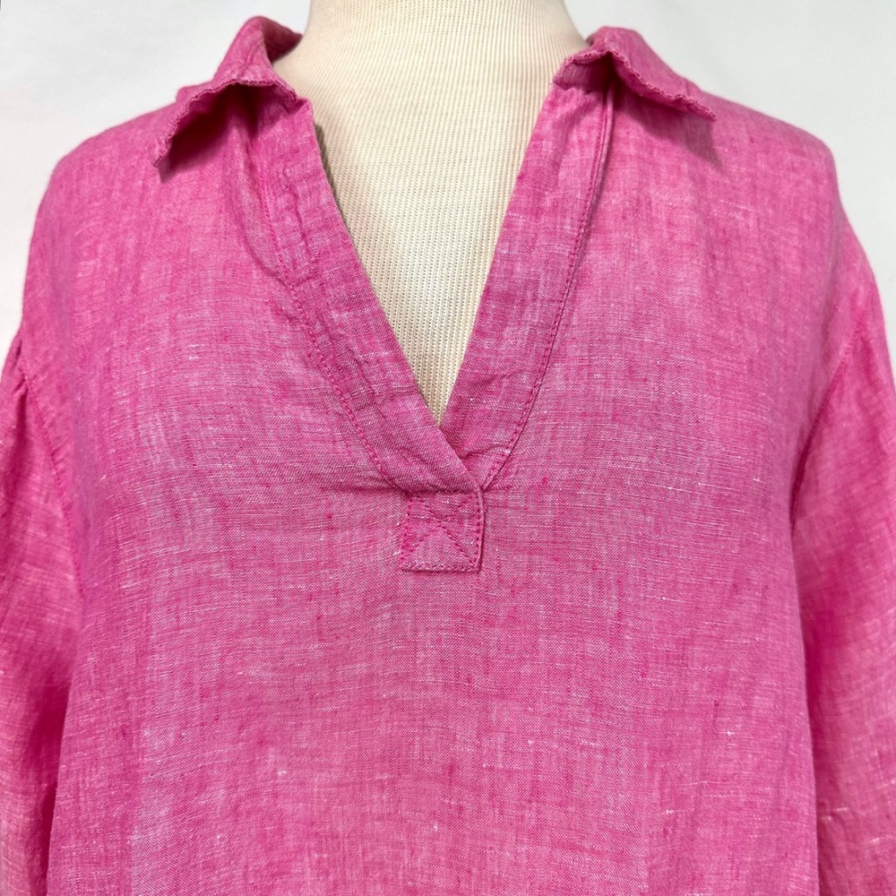 TAHARI Pink 100% Linen Tunic Top Collared Popover Side Buttons 2x Plus Lagenlook - Picture 2 of 8